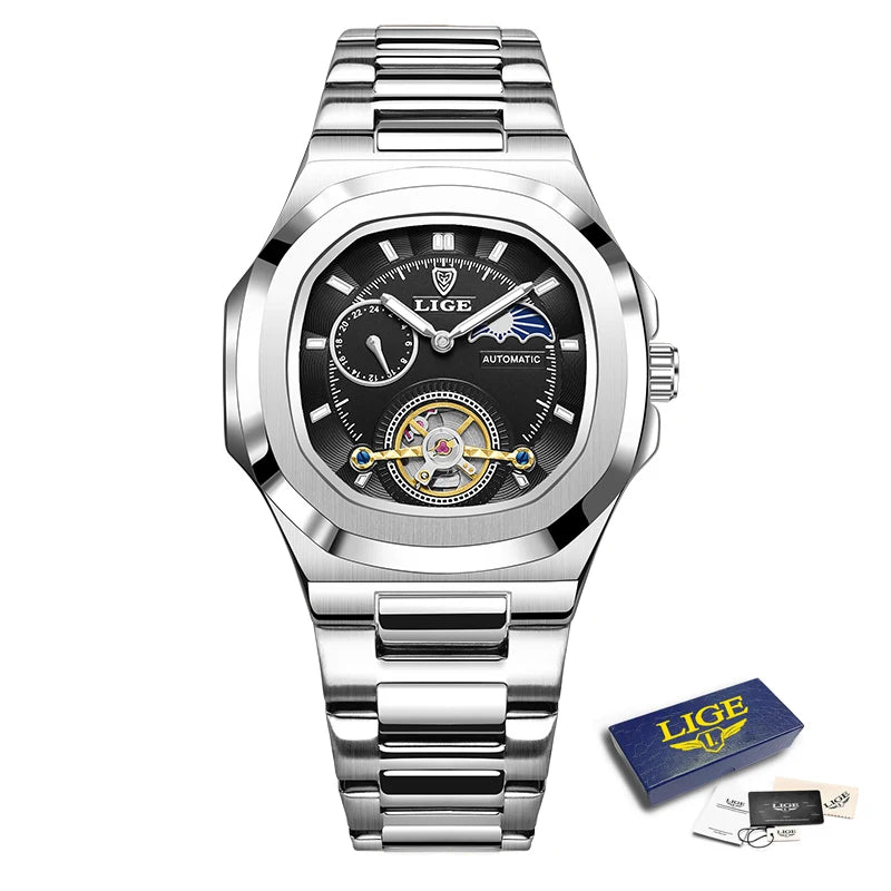 LIGE 2024 Automatic Mens Watch Fashion Stainless Steel Luxury Watches Men Waterproof Luminous Tourbillon Wristwatch