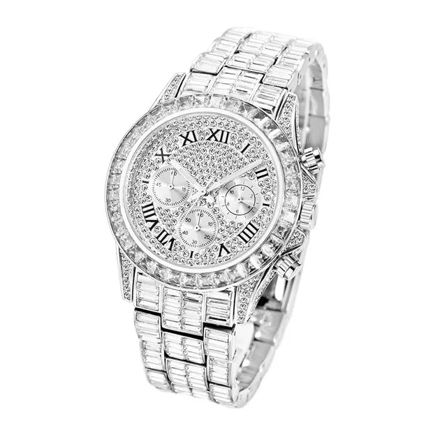 New Luxury Watches For Men High End Steel Bracelet Square Crystal Quartz Watch Hip Hop Chronograph Waterproof Man Clock Hot Sale