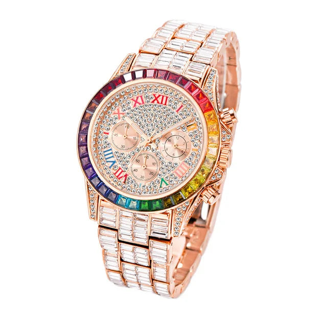 New Luxury Watches For Men High End Steel Bracelet Square Crystal Quartz Watch Hip Hop Chronograph Waterproof Man Clock Hot Sale