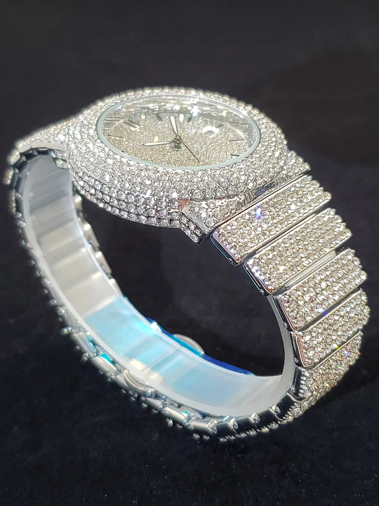 Luxury Watches For Men Full Diamond Iced Hip Hop Stylish Quartz Watch For Male Waterproof Calendar Men's Wristwatches Gift New