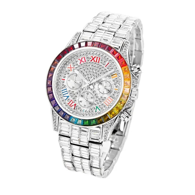 New Luxury Watches For Men High End Steel Bracelet Square Crystal Quartz Watch Hip Hop Chronograph Waterproof Man Clock Hot Sale