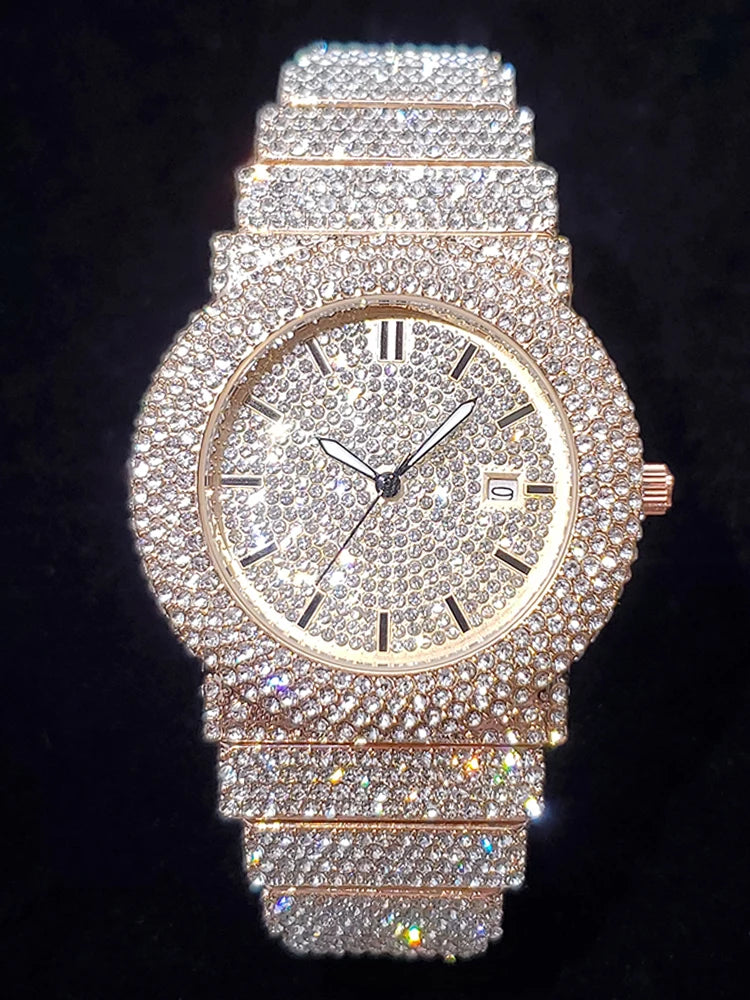 Luxury Watches For Men Full Diamond Iced Hip Hop Stylish Quartz Watch For Male Waterproof Calendar Men's Wristwatches Gift New