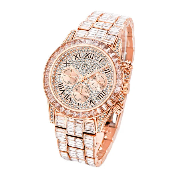 New Luxury Watches For Men High End Steel Bracelet Square Crystal Quartz Watch Hip Hop Chronograph Waterproof Man Clock Hot Sale