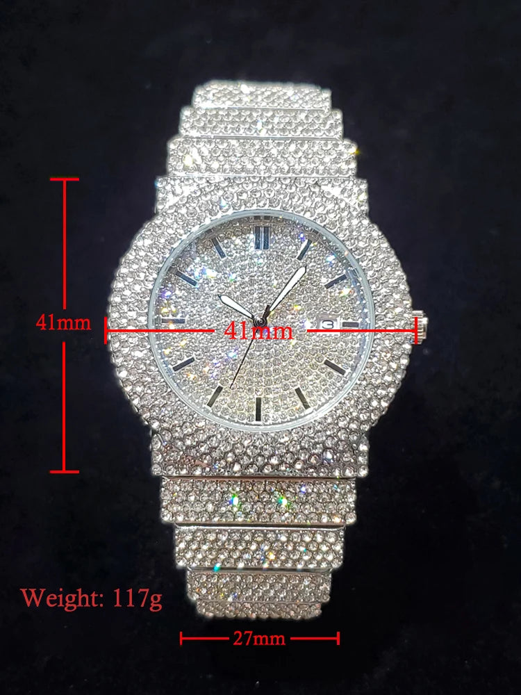 Luxury Watches For Men Full Diamond Iced Hip Hop Stylish Quartz Watch For Male Waterproof Calendar Men's Wristwatches Gift New