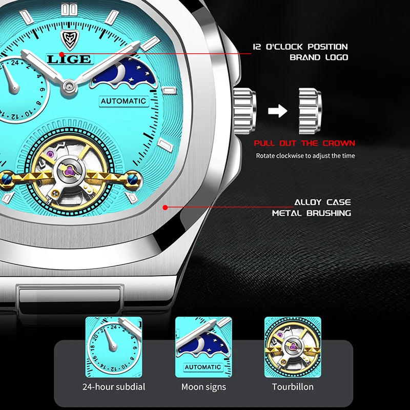 LIGE 2024 Automatic Mens Watch Fashion Stainless Steel Luxury Watches Men Waterproof Luminous Tourbillon Wristwatch