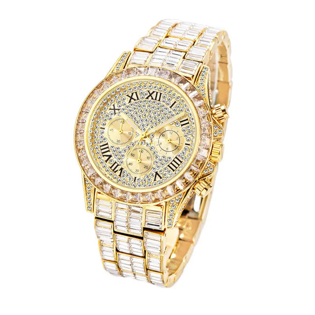 New Luxury Watches For Men High End Steel Bracelet Square Crystal Quartz Watch Hip Hop Chronograph Waterproof Man Clock Hot Sale
