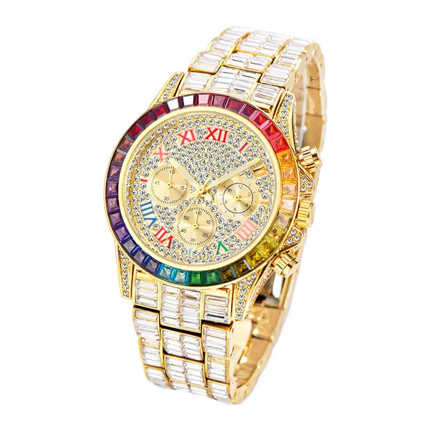New Luxury Watches For Men High End Steel Bracelet Square Crystal Quartz Watch Hip Hop Chronograph Waterproof Man Clock Hot Sale