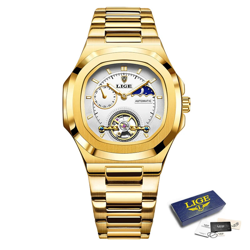 LIGE 2024 Automatic Mens Watch Fashion Stainless Steel Luxury Watches Men Waterproof Luminous Tourbillon Wristwatch