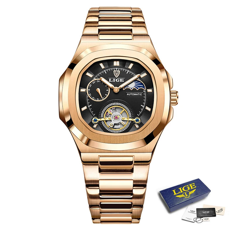 LIGE 2024 Automatic Mens Watch Fashion Stainless Steel Luxury Watches Men Waterproof Luminous Tourbillon Wristwatch