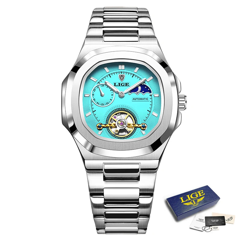 LIGE 2024 Automatic Mens Watch Fashion Stainless Steel Luxury Watches Men Waterproof Luminous Tourbillon Wristwatch