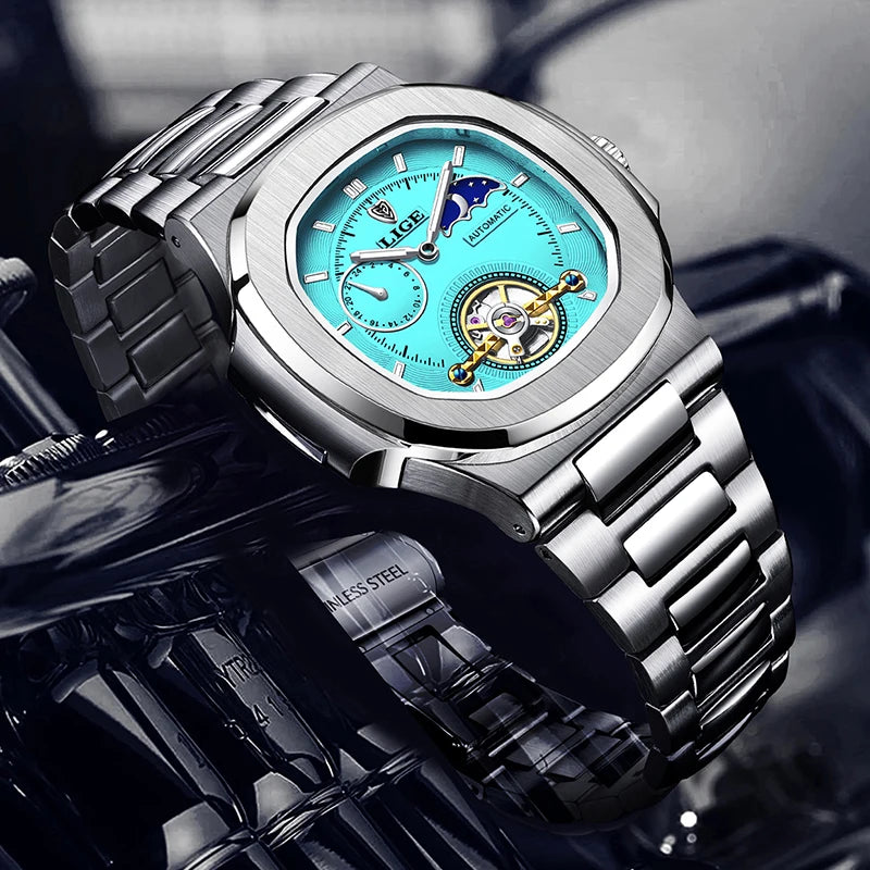 LIGE 2024 Automatic Mens Watch Fashion Stainless Steel Luxury Watches Men Waterproof Luminous Tourbillon Wristwatch