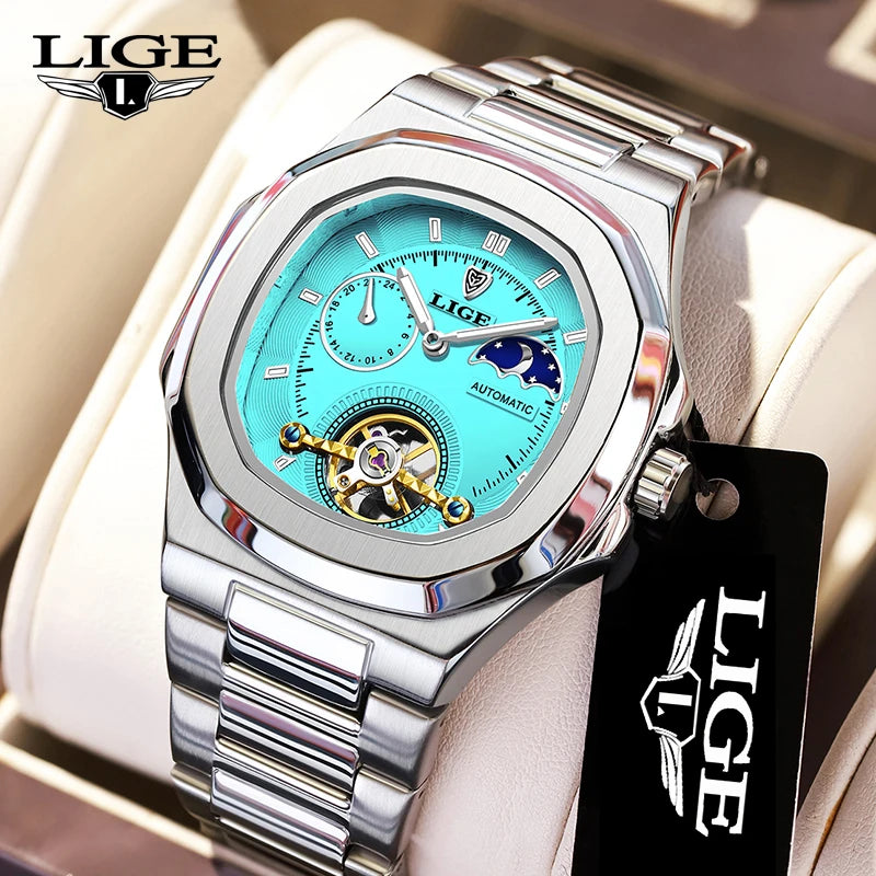 LIGE 2024 Automatic Mens Watch Fashion Stainless Steel Luxury Watches Men Waterproof Luminous Tourbillon Wristwatch