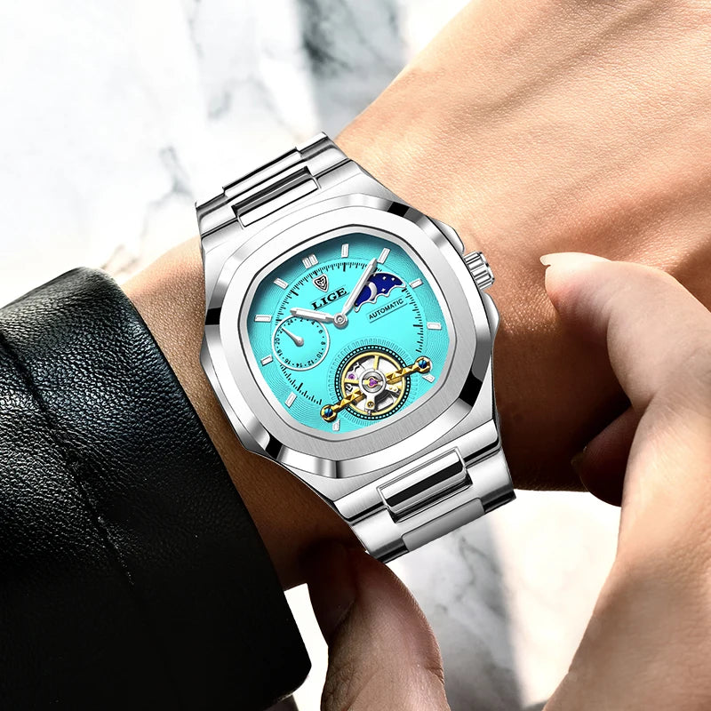 LIGE 2024 Automatic Mens Watch Fashion Stainless Steel Luxury Watches Men Waterproof Luminous Tourbillon Wristwatch