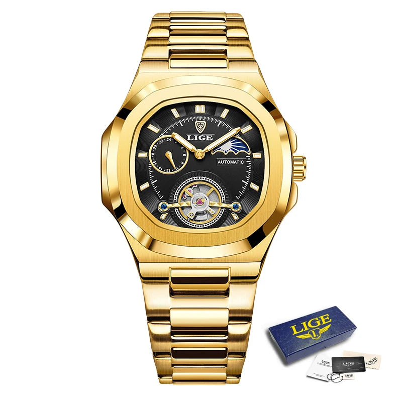LIGE 2024 Automatic Mens Watch Fashion Stainless Steel Luxury Watches Men Waterproof Luminous Tourbillon Wristwatch