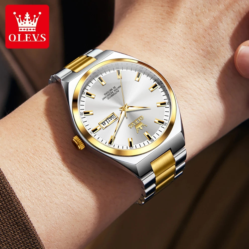 OLEVS Automatic Mechanical Watch Men Silver Gold Steel Belt Luminous Waterproof Top Brand Luxury Watches relogios masculino