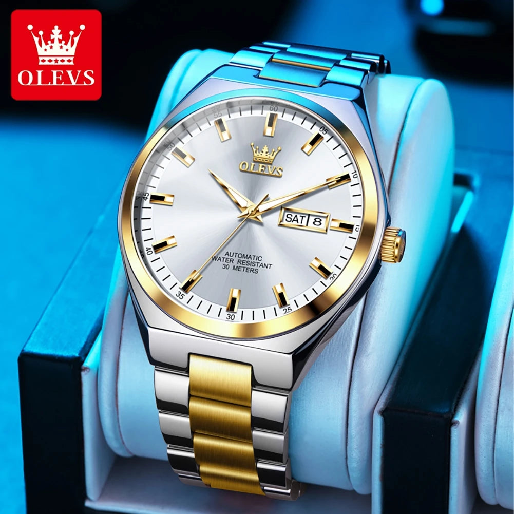 OLEVS Automatic Mechanical Watch Men Silver Gold Steel Belt Luminous Waterproof Top Brand Luxury Watches relogios masculino