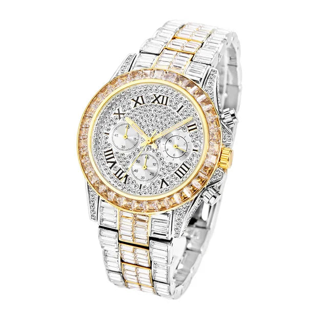 New Luxury Watches For Men High End Steel Bracelet Square Crystal Quartz Watch Hip Hop Chronograph Waterproof Man Clock Hot Sale