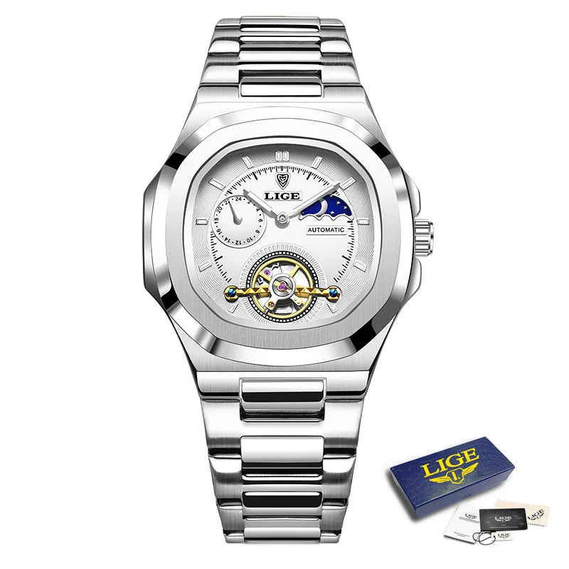 LIGE 2024 Automatic Mens Watch Fashion Stainless Steel Luxury Watches Men Waterproof Luminous Tourbillon Wristwatch