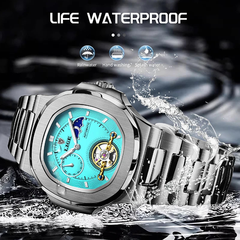 LIGE 2024 Automatic Mens Watch Fashion Stainless Steel Luxury Watches Men Waterproof Luminous Tourbillon Wristwatch