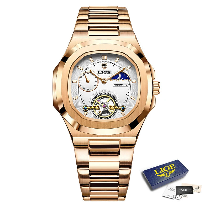 LIGE 2024 Automatic Mens Watch Fashion Stainless Steel Luxury Watches Men Waterproof Luminous Tourbillon Wristwatch