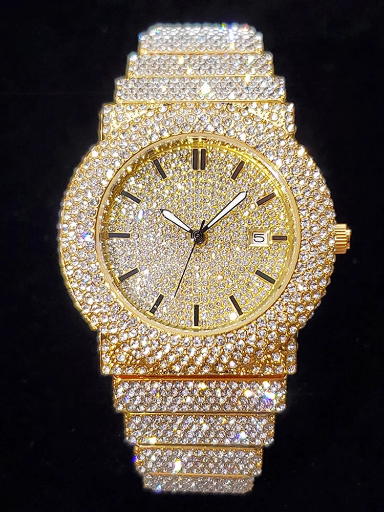 Luxury Watches For Men Full Diamond Iced Hip Hop Stylish Quartz Watch For Male Waterproof Calendar Men's Wristwatches Gift New